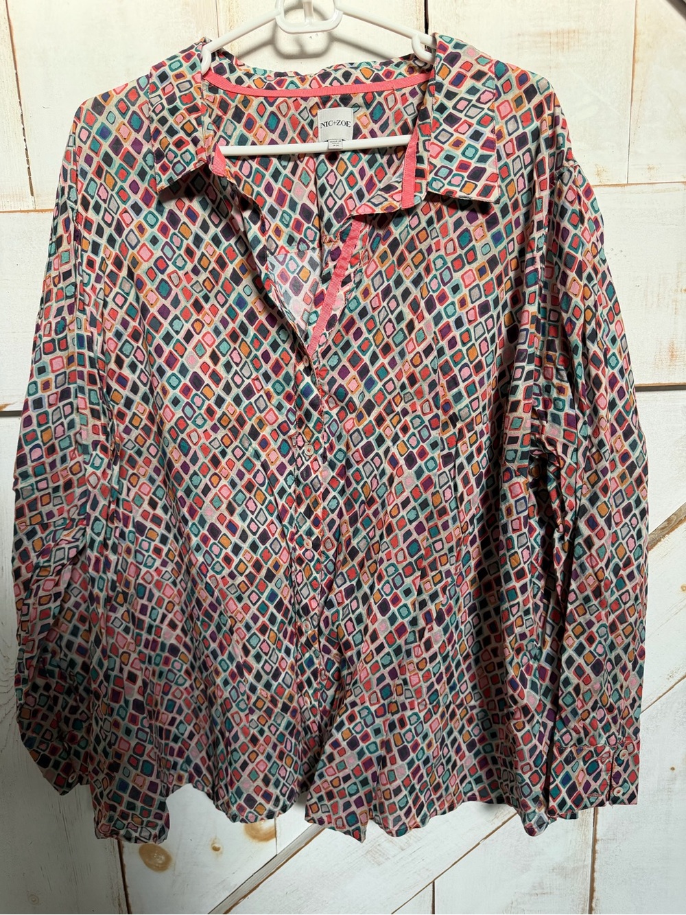 NIC+ZOE Multicolor Geometric Button-Down Shirt with Pink Trim